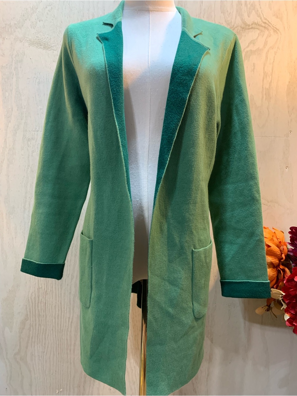 J. Jill Two-Tone Green Open-Front Long Cardigan
